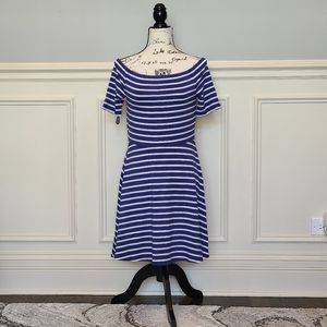 White House Black Market off the shoulders blue and white striped dress